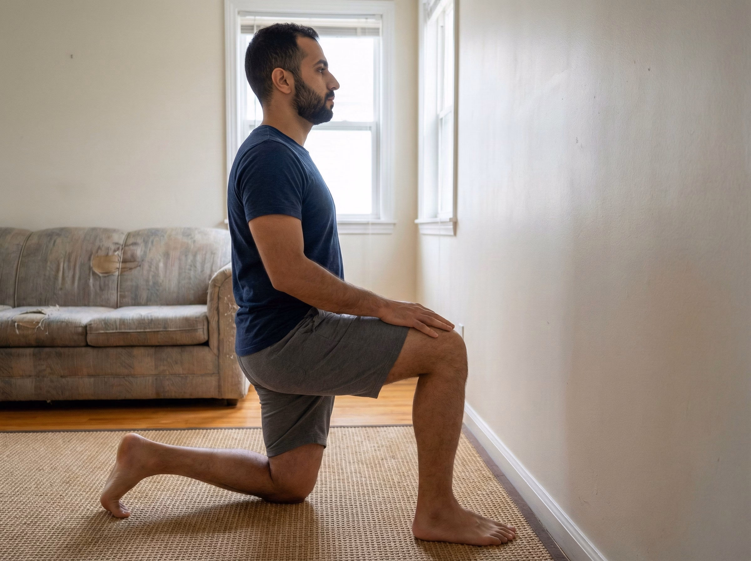 Step 1 – Half-kneeling setup by wall