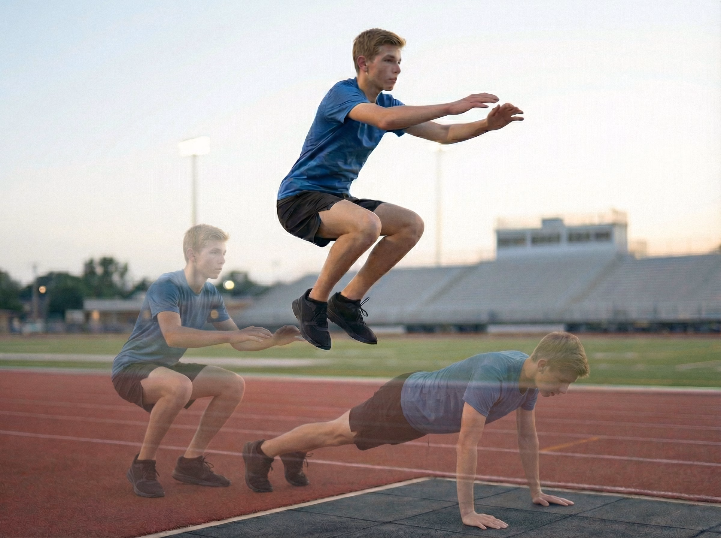 Side view of teen mid-burpee with blue glow tracing from plank to jump
