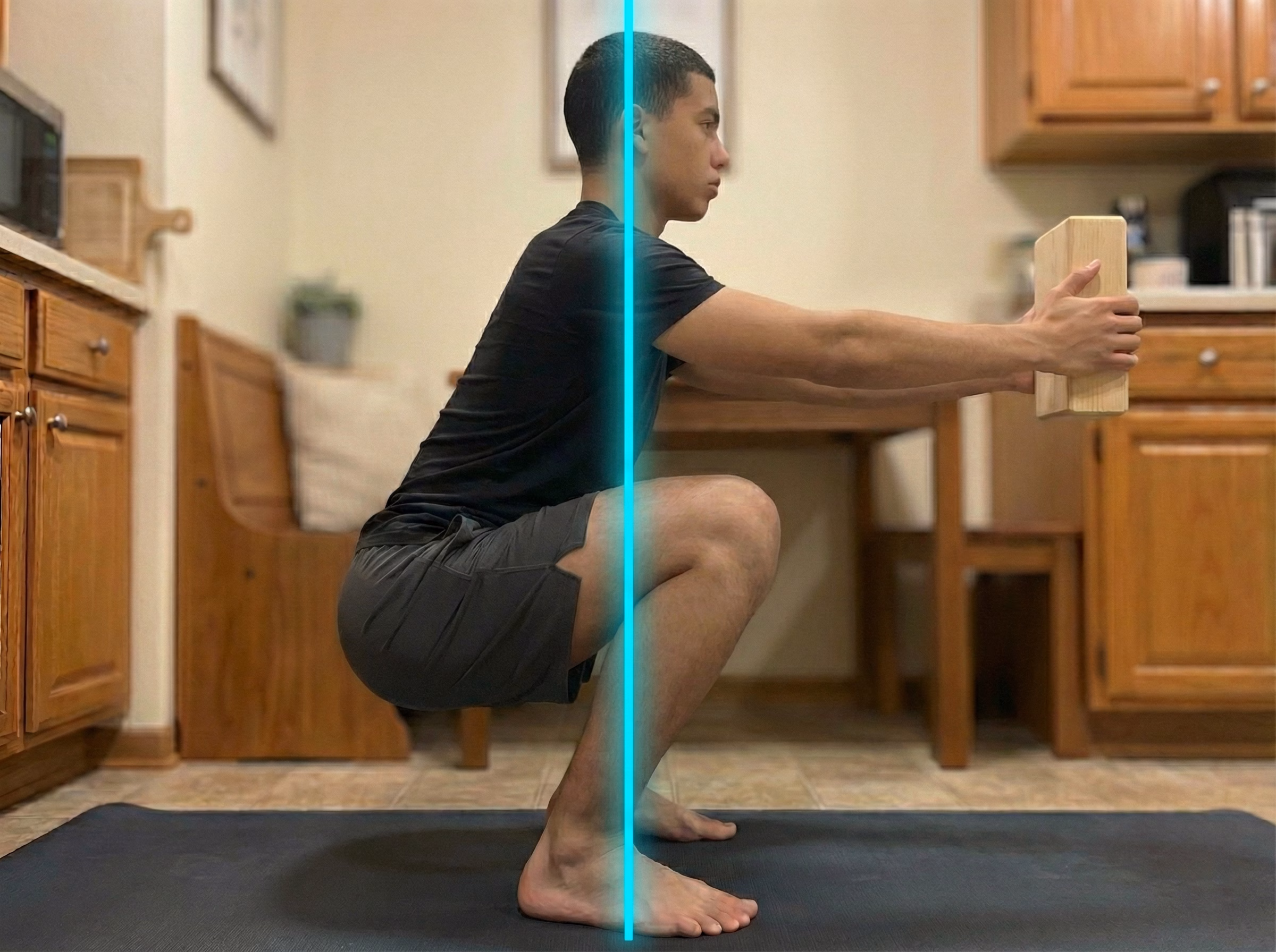 Deep squat hold with blue glow across ankles, knees, hips and spine