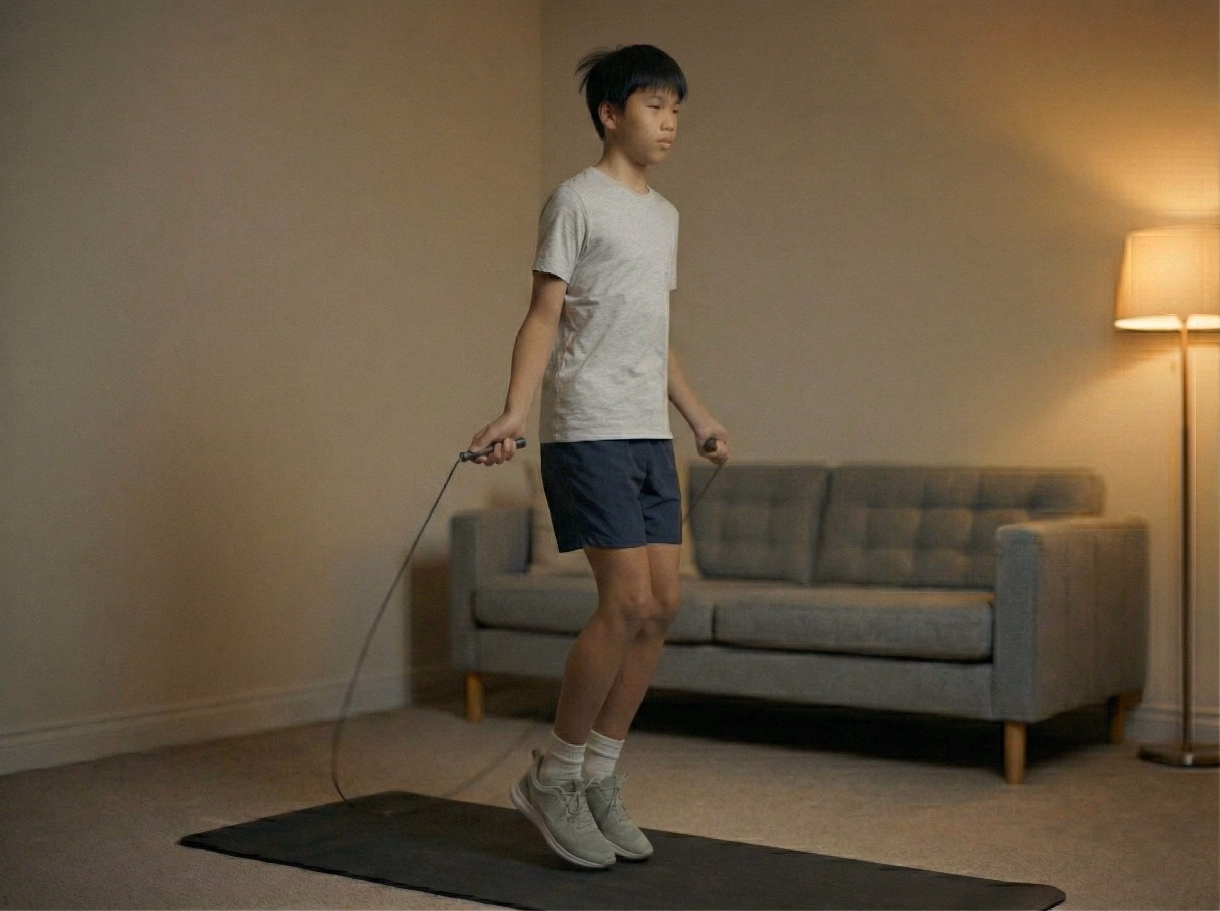 Side view of teen mid-air jump rope with vertical blue glow up the legs