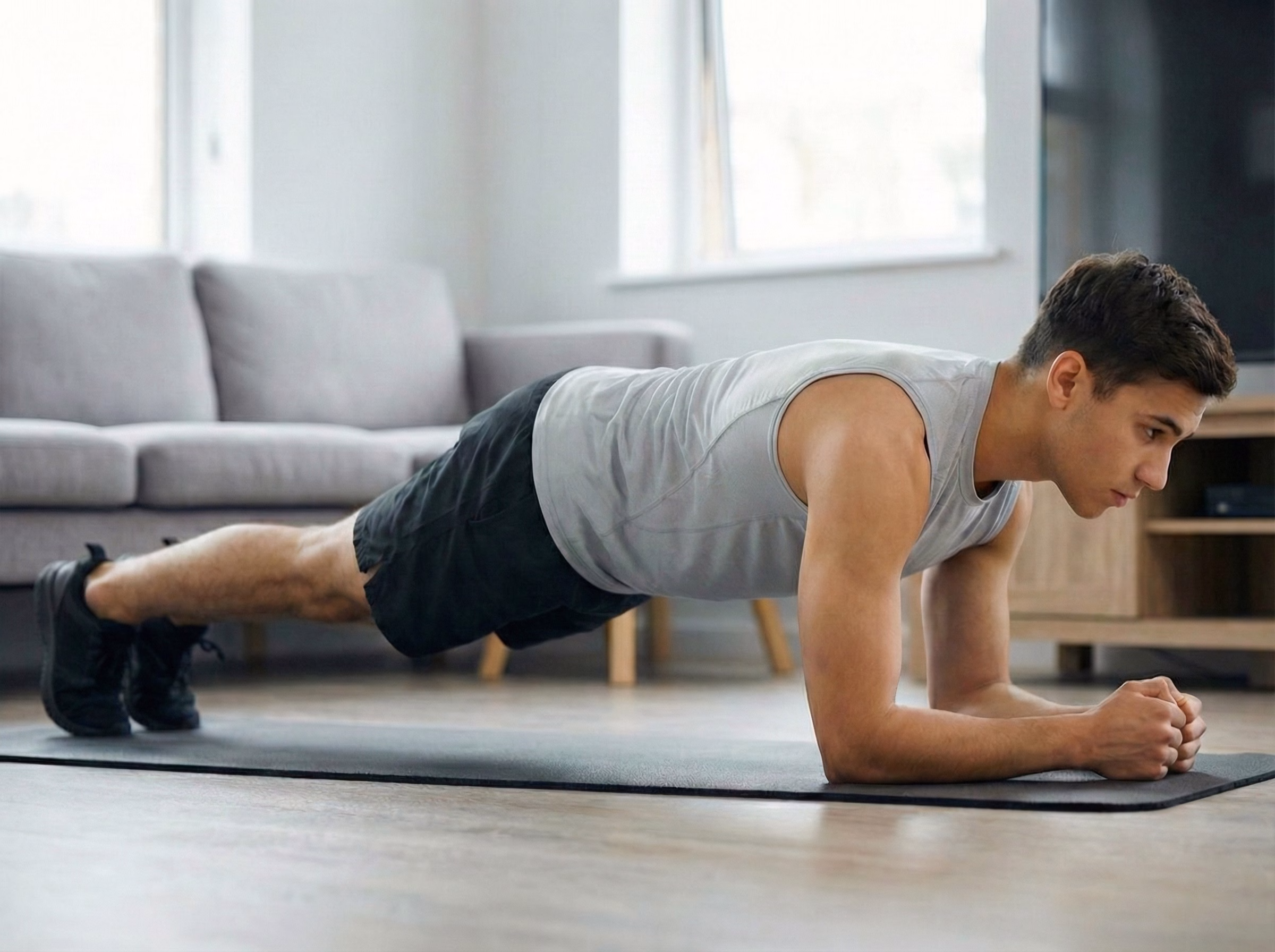 Side view of perfect plank with blue height line