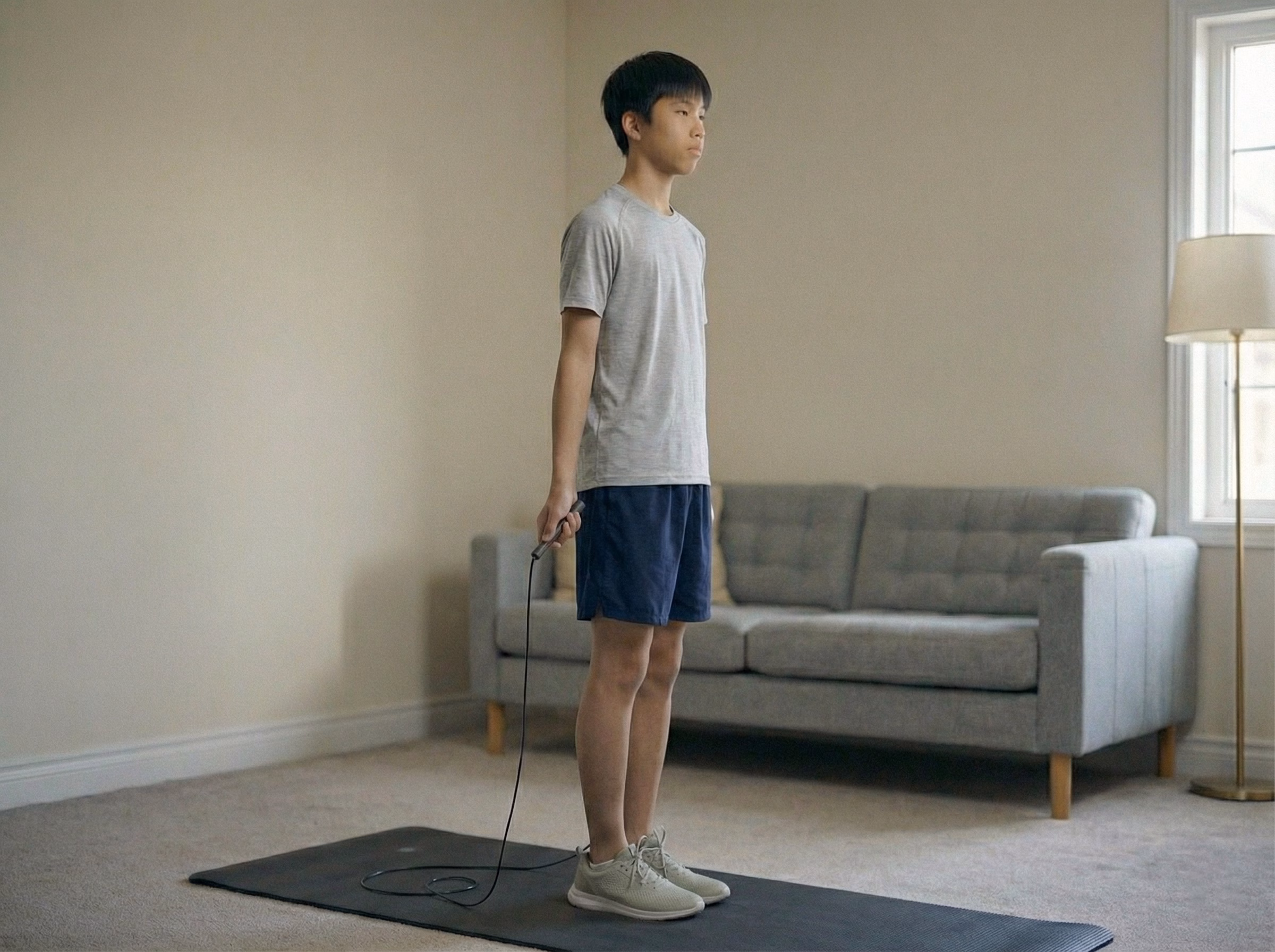 Teen standing taller with stronger legs and relaxed posture after jump rope training