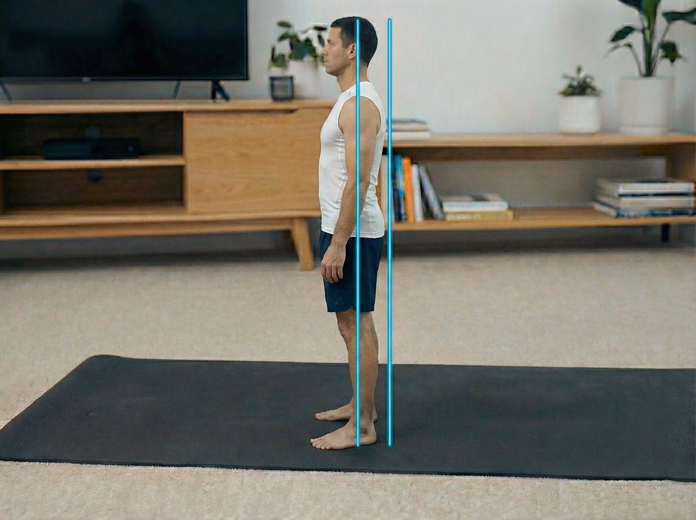 Standing posture after Superman hold with open chest and tall spine