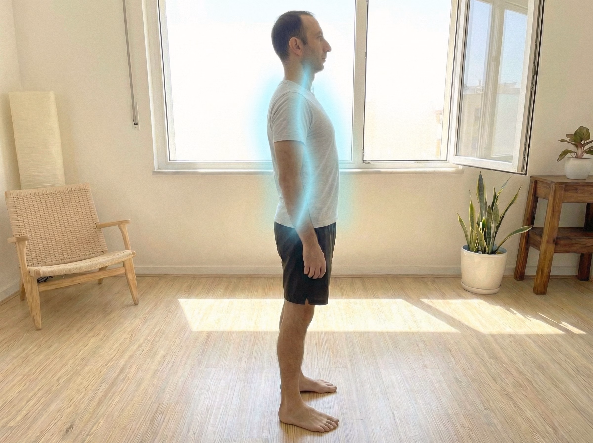 Tall chest posture standing upright with blue glow on spine