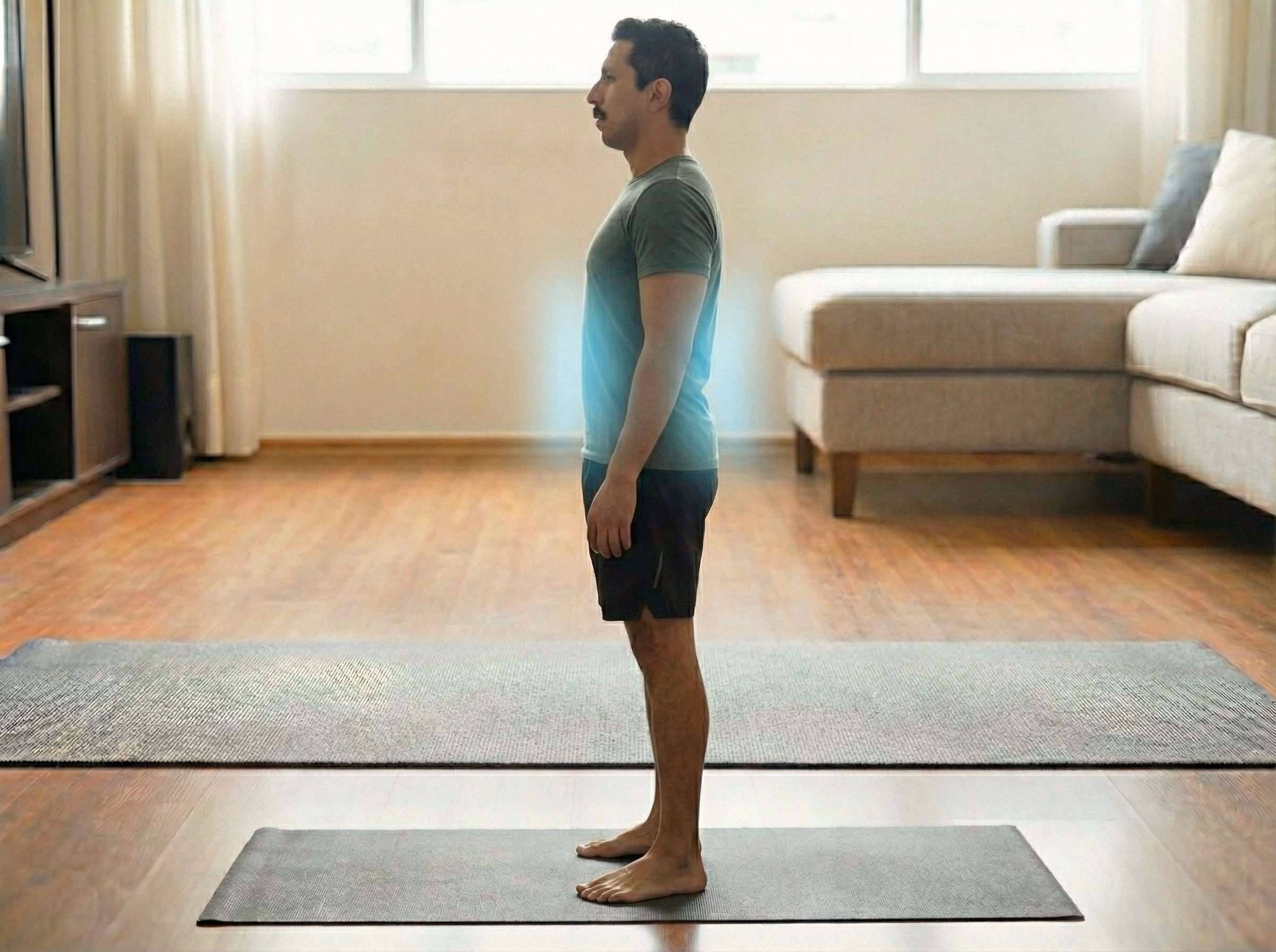 Standing posture with solid core and blue glow