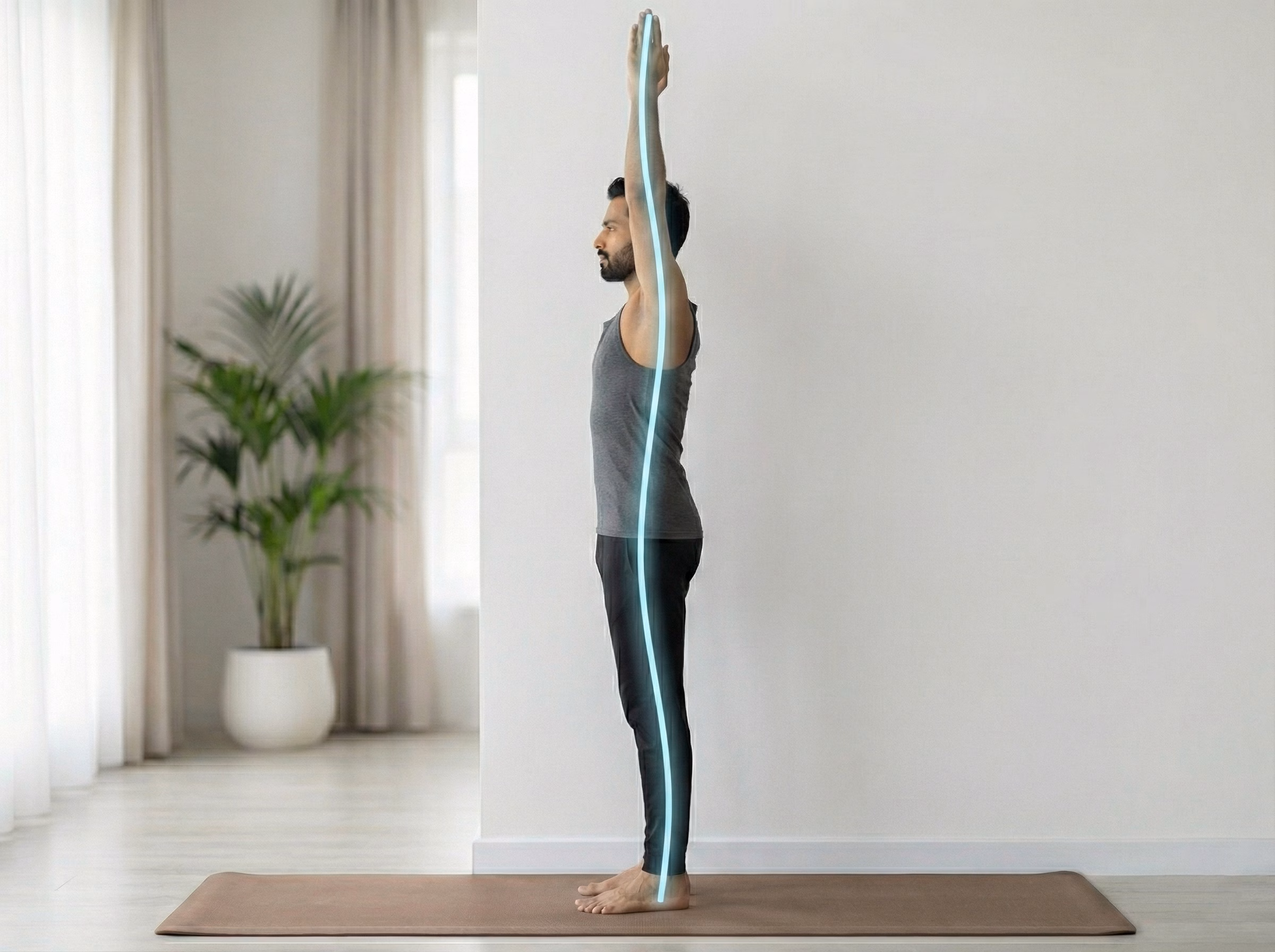 Side view of tall stacked Tadasana posture reclaiming height