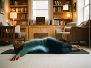 Person demonstrating a spinal twist stretch