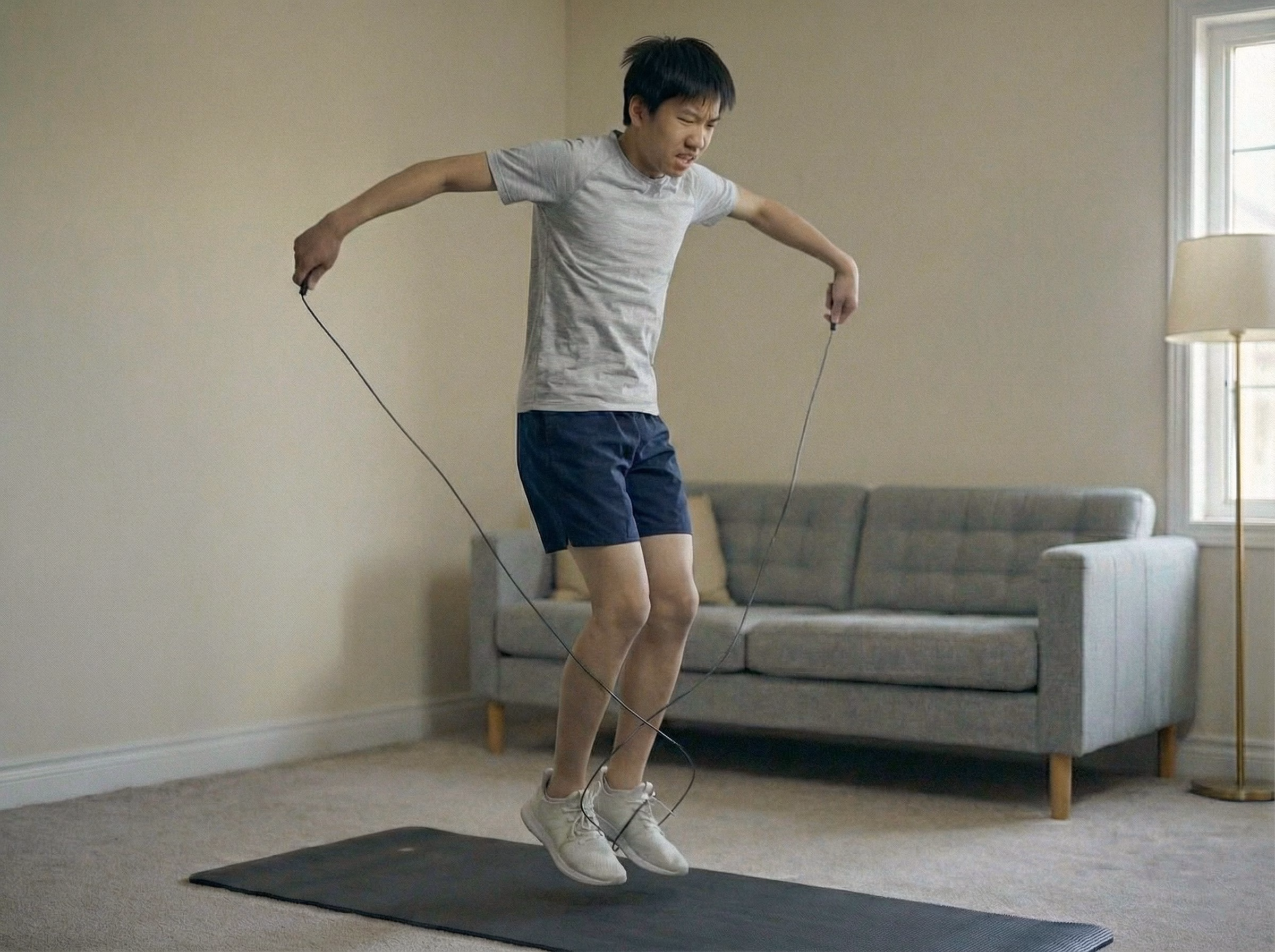 Mistake – Teen slouching and swinging arms too wide during jump rope
