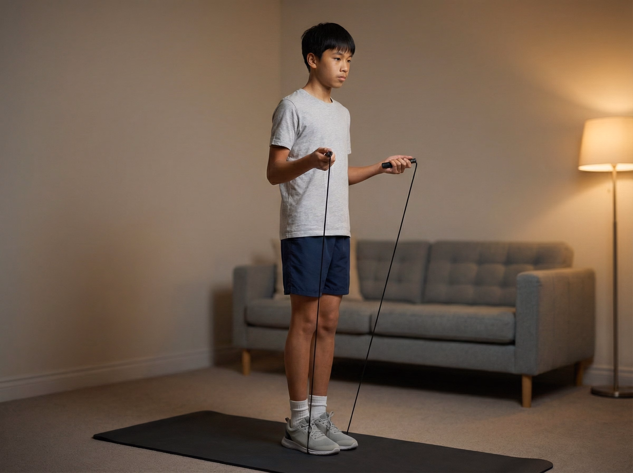 Step 1 – Teen setting up jump rope length and stance before starting