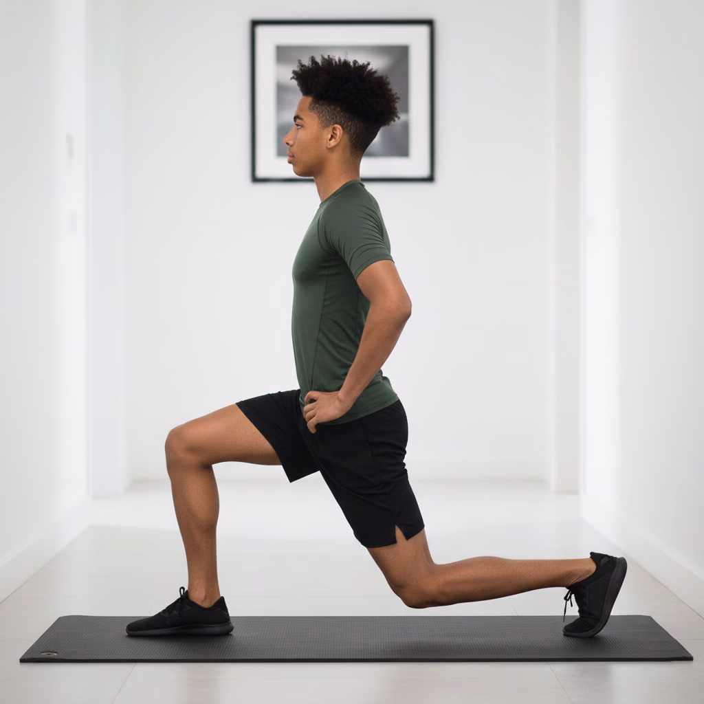 Step 1 – Teen in a tall split stance ready to start a lunge