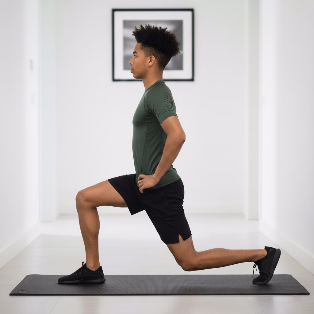 Step 2 – Teen in the bottom of a lunge with a blue alignment line