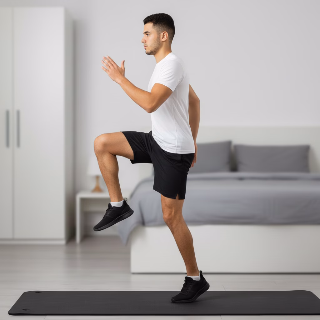 Step 3 – Teen doing fast high knees with blue vertical line showing Growth Activation