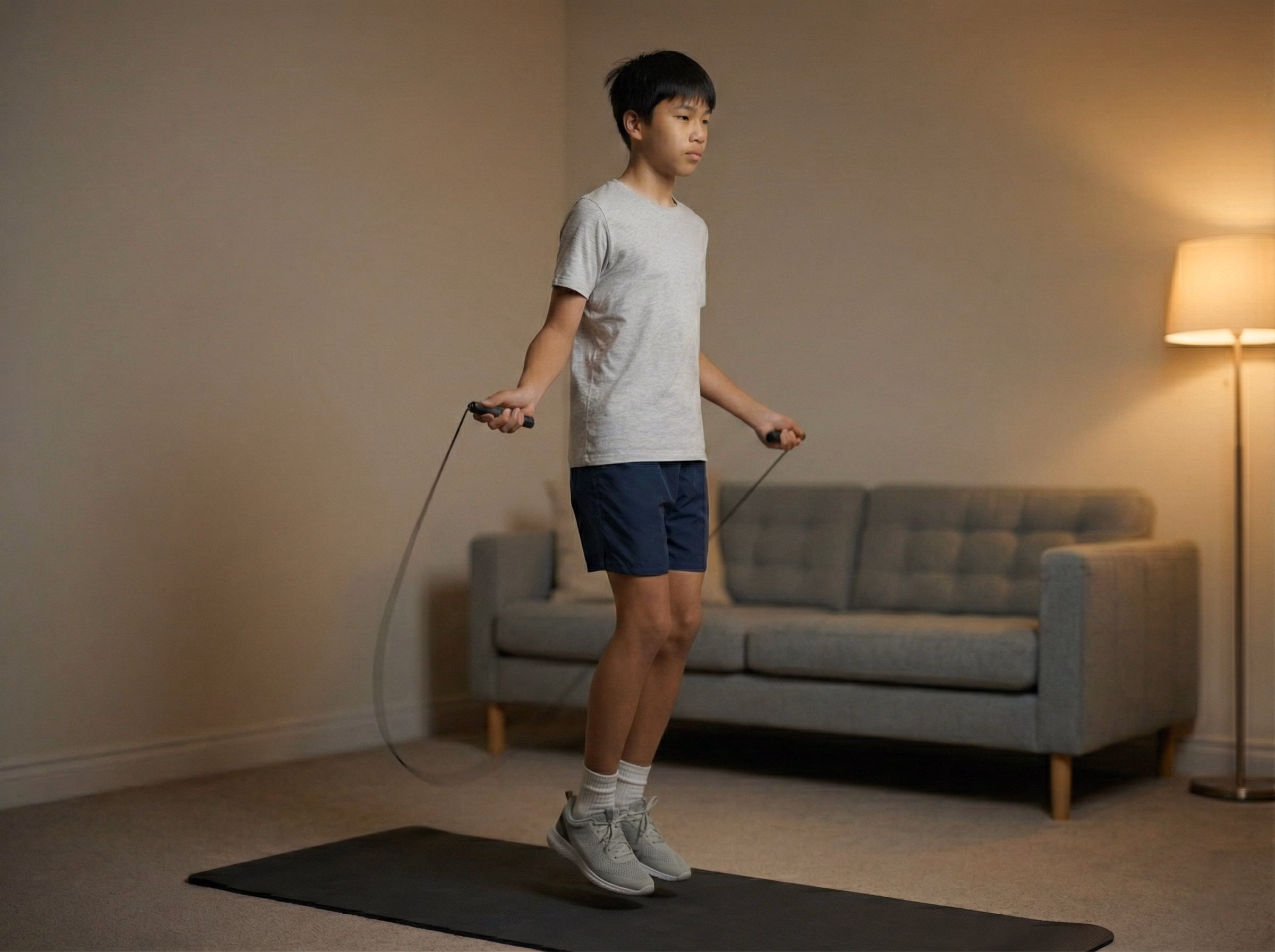Step 3 – Teen doing fast Growth Activation jump rope round with blue vertical line