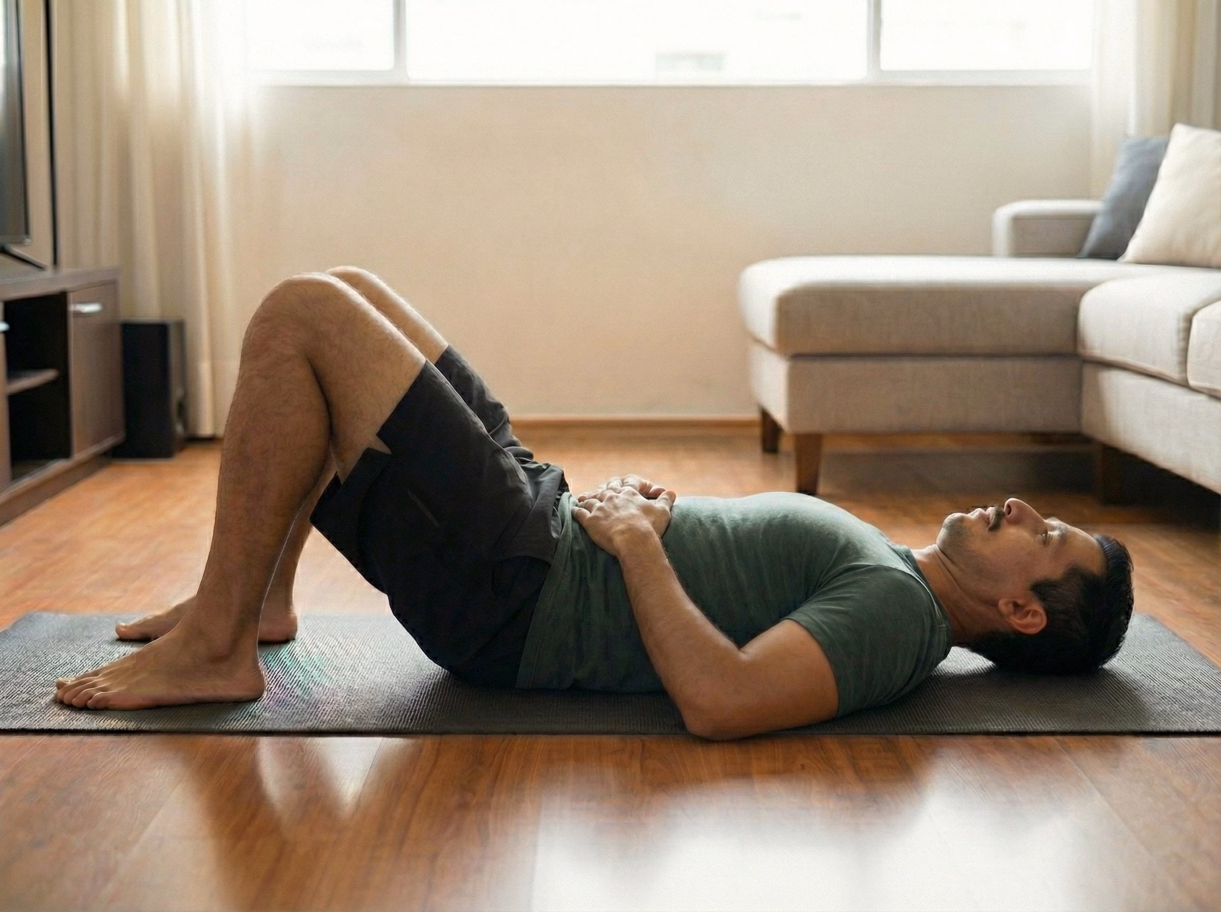 Latino man performing small-range curl-up