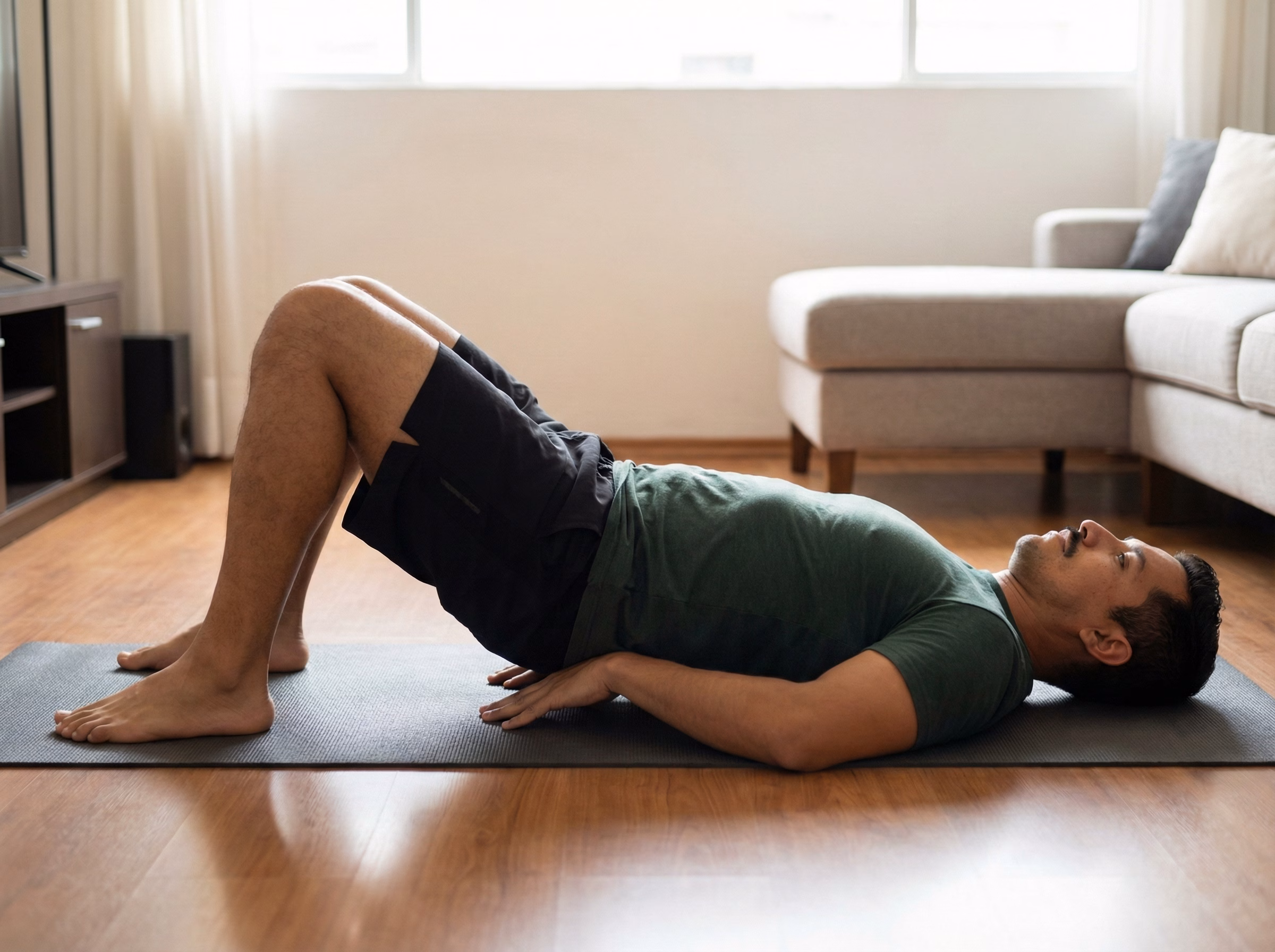 Latino man in setup position: one leg straight, hands under low back