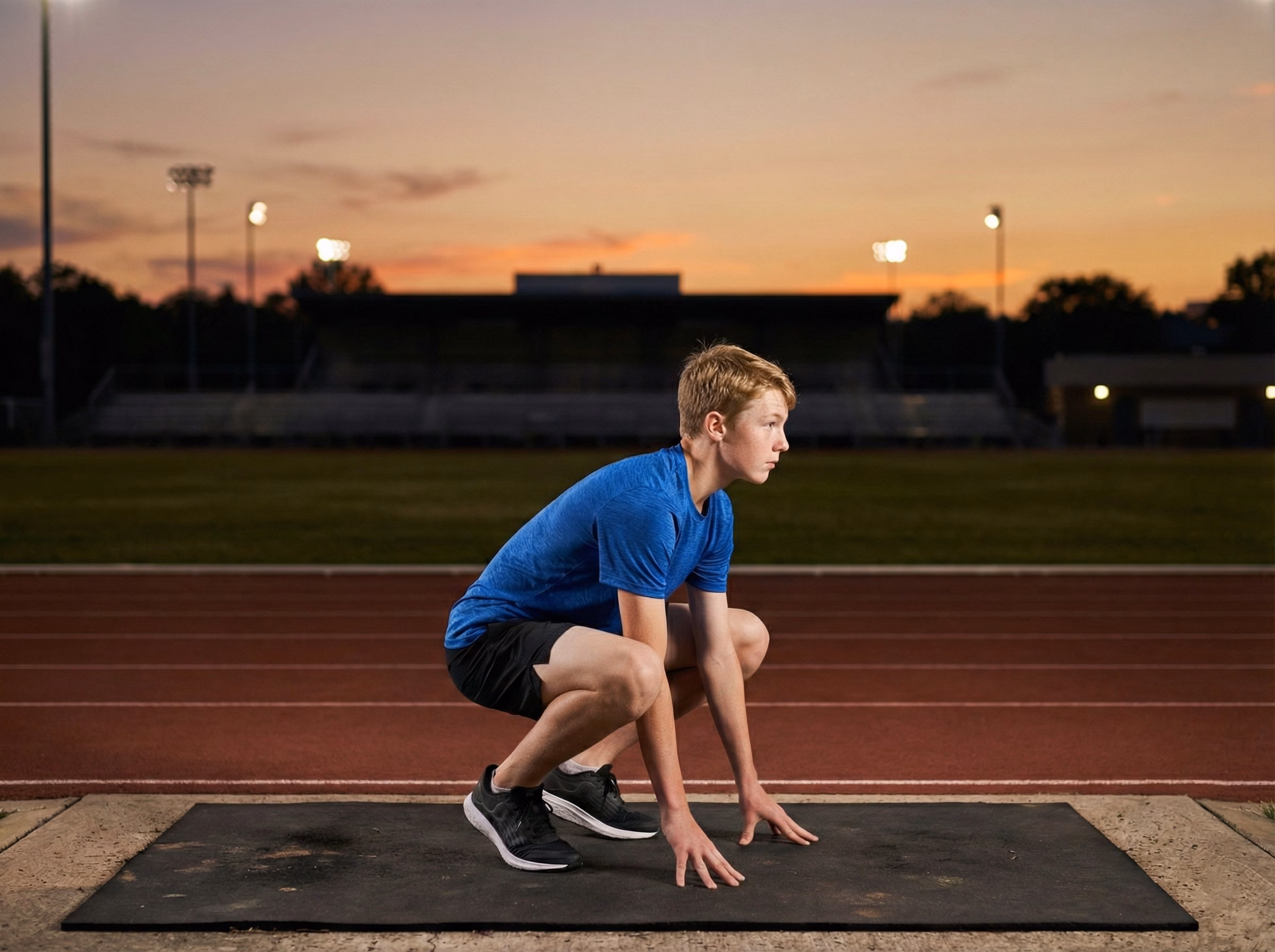 Step 1 – Teen squatting down with hands on floor ready to jump feet back