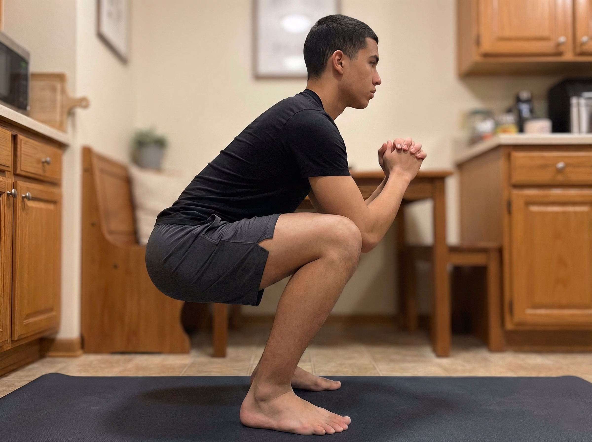 Step 1 – Controlled descent into a deep squat using support