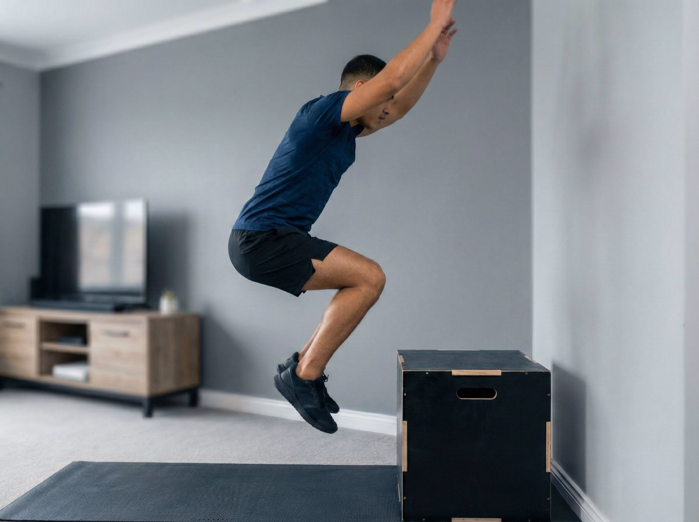 Step 2 – Teen in mid-air with a blue vertical line showing upward movement