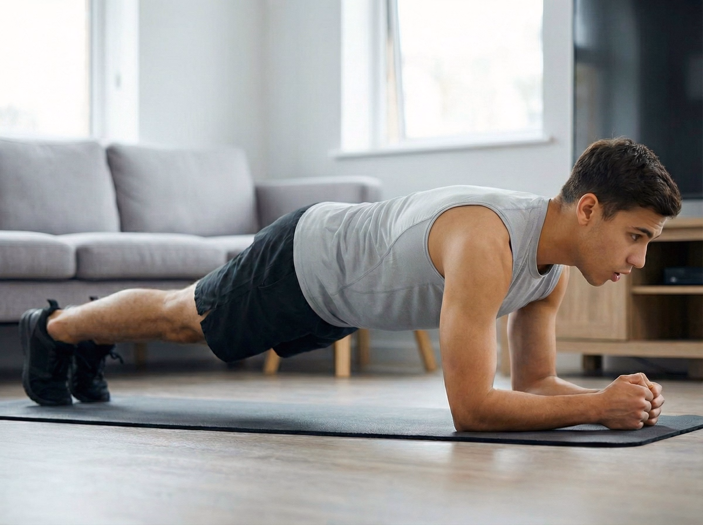 Step 3 – Controlled breathing while holding a tall plank line